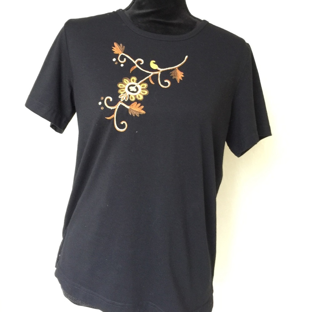 Indigo Moon Black Floral Embroidered Short-sleeve Top Small
